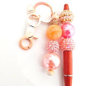 Peach Coral Bubble Bead Pen & Keychain Set, Sparkle Bubble Beads, Gift Idea, Key